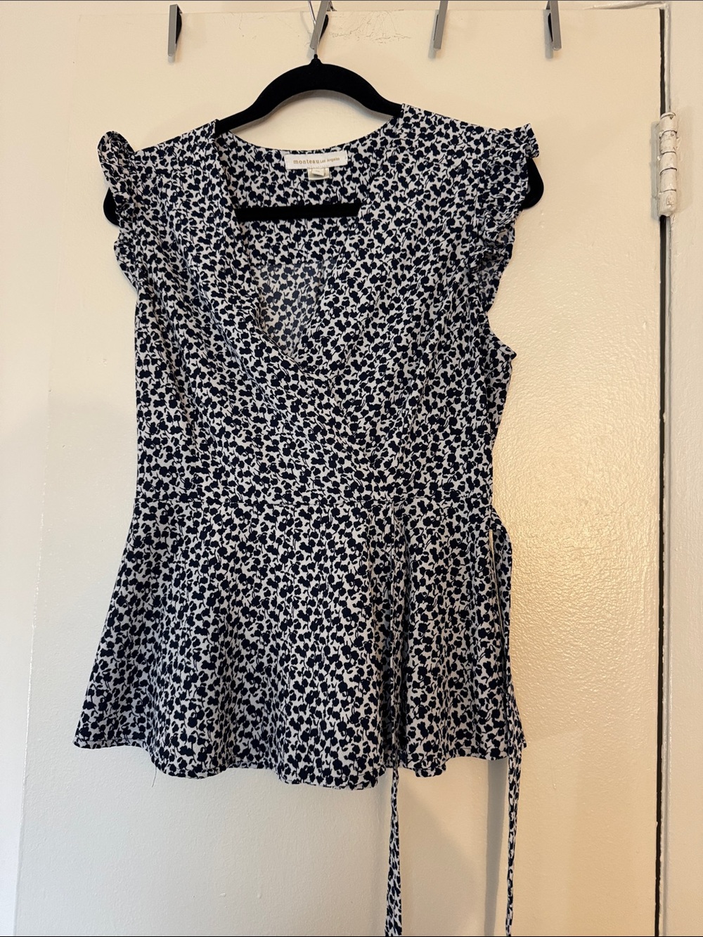 Monteau Navy & White Floral Wrap Peplum Blouse